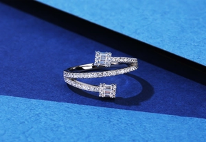 Detail of S925 silver triple layer ring featuring sparkling cubic zirconia crystals