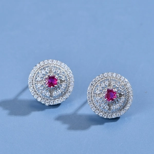 925 silver round hollow earrings with red ruby and white micro-pave crystals in 45-degree view