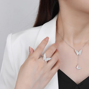 S925 sterling silver butterfly fringe necklace and ring set with sparkling crystals
