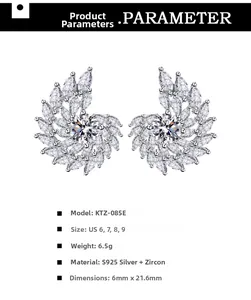 Détail macro de boucles d'oreilles tourbillon en argent avec zircons et dimensions