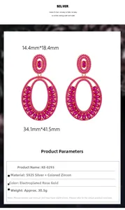 Detail of S925 silver rose gold earrings with red cubic zirconia and dimensions