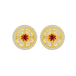 Elegant 18K gold plated hollow round stud earrings with red ruby and white zircon halo