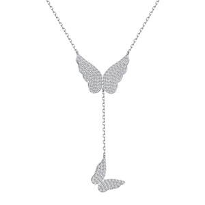 Elegant S925 sterling silver butterfly tassel necklace with pavé diamond-set pendants