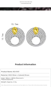 Detail showing S925 silver stud earrings dimensions with yellow pear cut zircon