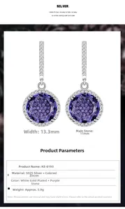 Detailed view of S925 sterling silver earrings with 11mm round purple zirconia and dimensions