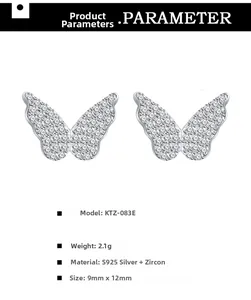 Specifiche tecniche per orecchini a farfalla in argento S925 con pavé di zirconi brillanti