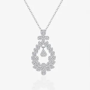 925 Sterling Silver Leaf Flower Pendant Necklace Elegant Pave Rhinestone Waterdrop Chain For Women Luxury Jewelry Gift