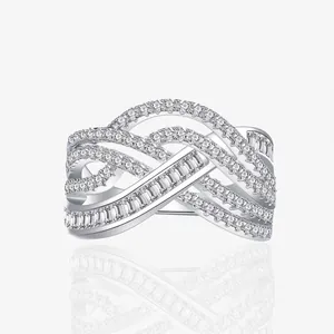 Luxury 925 Sterling Silver Multi Layer Wave Ring For Women Exquisite Zirconia Inlaid Geometric Cross Design Fashion Finger Jewelry Gift