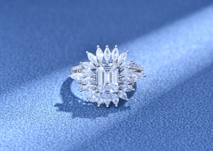 Close-up of emerald-cut and marquise-cut stones in a 925 sterling silver ring detail