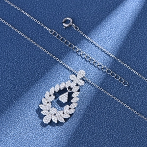 S925 sterling silver lace leaf necklace with micro-pave diamonds and dancing heart pendant