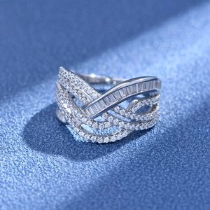 S925 sterling silver multi-layer wavy ring with sparkling diamonds and baguette stones