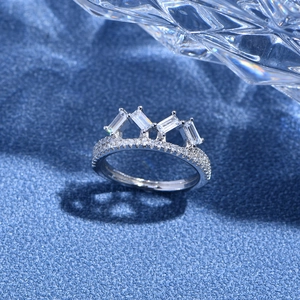 Elegant 925 sterling silver crown ring with rectangular cubic zirconia and pave stones