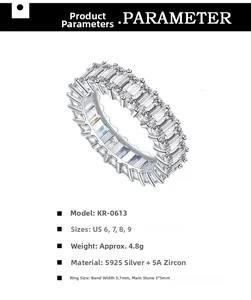 Detailed specs of S925 silver eternity band with 3x5mm 5A zircon stones and 5.7mm width