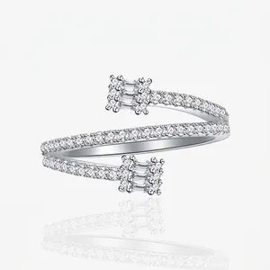 925 Sterling Silver Bypass Open Ring For Women Luxurious Zirconia Pavé Emerald Cut Geometric Finger Ring Jewelry Gift
