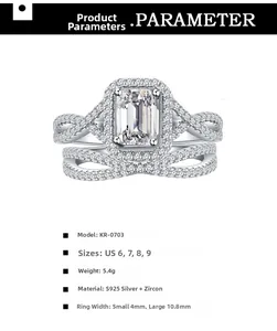 Détail de l'ensemble de bagues en argent S925 avec zircon taille émeraude et pavé croisé