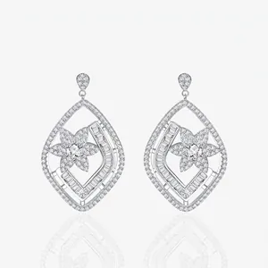 Rhombic Hollow Flower Micro Pave Zirconia S925 Sterling Silver Stud Earrings Exaggerated Individual Drop Earrings For Women