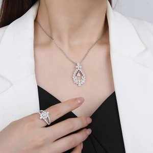 Sparkling S925 sterling silver floral necklace and ring set with micro-pave crystals