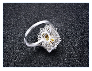 Vue détaillée du dessous d'une bague en argent 925 avec pierre jaune taille émeraude