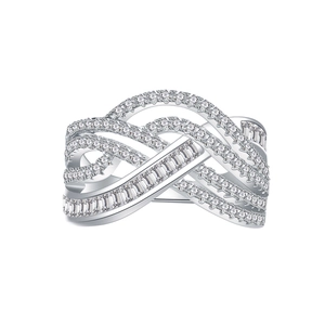 Multi-layer wavy S925 sterling silver ring featuring pave diamonds and baguette cut crystals