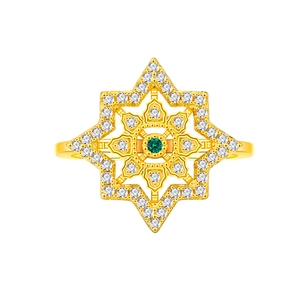 925 silver 18K gold plated octagram ring with green gemstone and pavé zircon stones