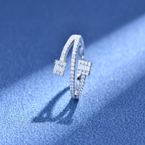 Modern S925 silver triple row bypass ring featuring baguette cut stones and pavé set diamonds