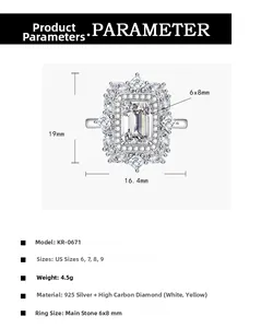 Tableau de taille de bague halo en argent 925 avec diamant jaune de 6x8mm coupe émeraude