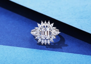 Macro detail of Asscher cut 925 silver ring with sunburst marquise stone accents