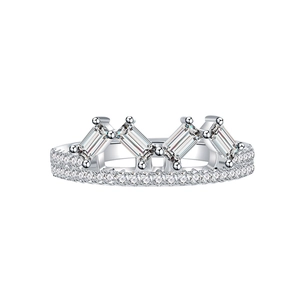 925 Sterling silver crown ring with baguette-cut zircons and pave setting on white background