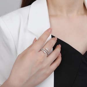 Minimalist triple-layer S925 silver wrap ring with emerald-cut stones and pavé setting