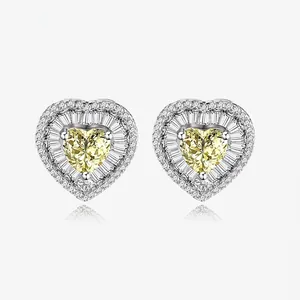 925 Sterling Silver Heart Stud Earrings For Women Luxury Rhinestone Halo Pink Yellow Gemstone Earrings Wedding Jewelry