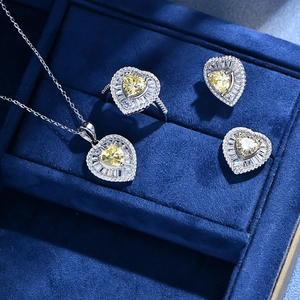 925 silver heart jewelry set with yellow gemstone necklace, ring, and earrings