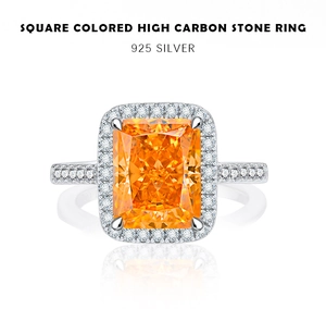 Detail of radiant cut orange high carbon stone ring with halo 925 silver setting