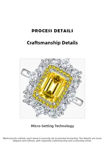 Détails macro d'une pierre jaune taille émeraude et micro-pavage sur bague argent