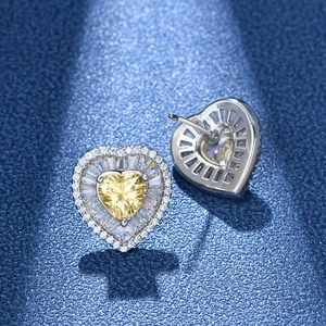 Sparkling 925 sterling silver heart stud earrings with yellow stone and micro-pavé crystals
