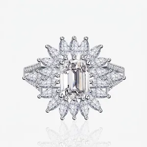Luxurious 925 Sterling Silver Asscher Cut Zirconia Sunflower Ring For Women Vintage Halo Marquise Starburst Cluster Ring Wedding Jewelry