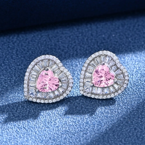 Elegant 925 sterling silver heart-shaped pink zircon stud earrings with double halo stones