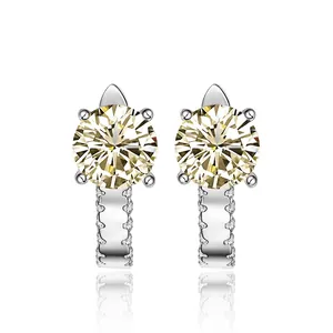 Minimalist 925 Sterling Silver Stud Earrings For Women With Round Cut Yellow Pink Rhinestone Four Claw Inlaid Jewelry