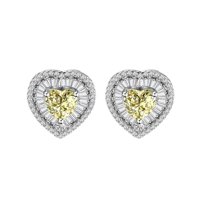 Elegant 925 sterling silver stud earrings with heart-shaped yellow gemstone and baguette diamonds