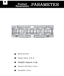 Macro detail of S925 sterling silver chain ring with zircon inlay and product dimensions
