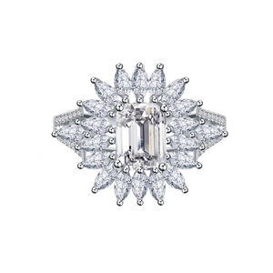 925 silver sunflower ring with emerald-cut center stone and marquise halo design