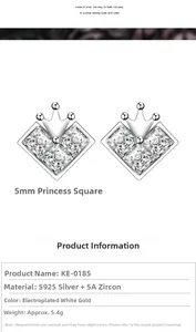 Detailed view of 5mm princess cut zircon earrings with crown design in S925 silver