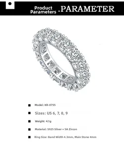 Detailed size specifications for S925 sterling silver eternity ring with 5A cubic zirconia