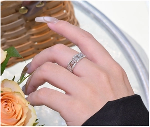Detail of 925 sterling silver eternity ring with square and round crystals on finger