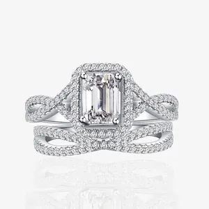 Ensemble de Deux Bagues en Argent Sterling 925 Zirconia Taille Émeraude pour Femme Anneau Entrelacé Halo Bijoux Mariage de Luxe