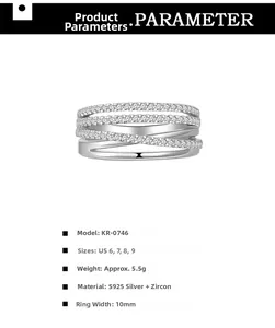 Detail view of multi-layer crossover S925 silver ring with zircon and size specifications