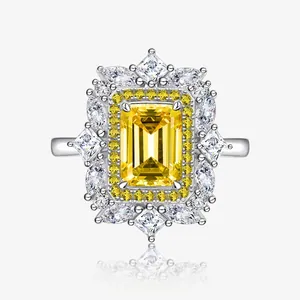 Bague Halo Luxueuse en Argent Sterling 925 Taille Émeraude Strass pour Femme Jaune Blanc Géométrique Mariage Fête Bijoux