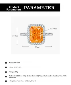 Detailed size chart showing 8x10mm Radiant cut Morganite diamond in 925 silver setting