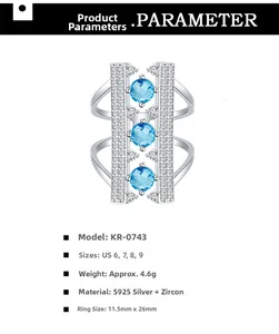 Detailed S925 sterling silver arch bridge ring with blue zircon inlay and size parameters