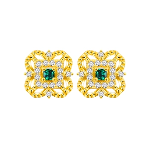 925 silver four-leaf clover stud earrings with 18k gold plating and green gemstones