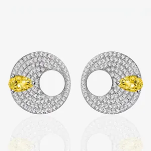 925 Sterling Silver Round Disc Stud Earrings Yellow White Pear Cut Rhinestone Pave Elegant Geometric Jewelry For Women